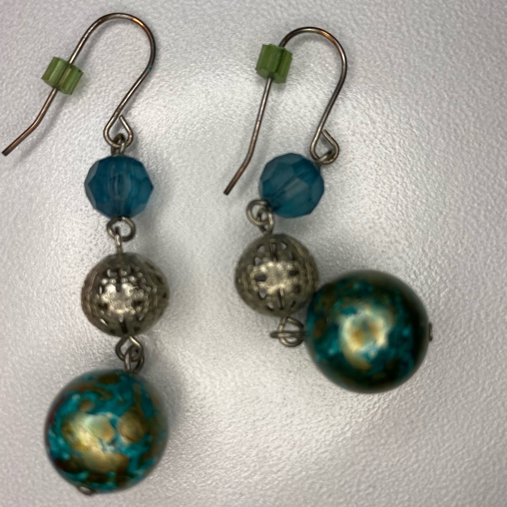 Teal, Gold and Silver Beaded Earrings